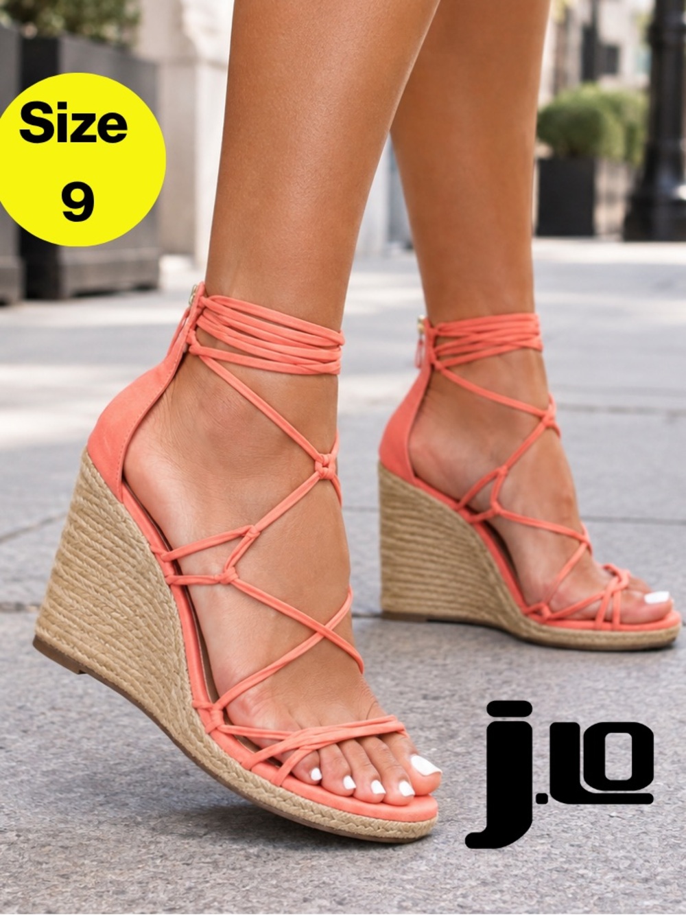 JLO by Jennifer Lopez 🍑 Coral Lace-Up Espadrille Wedge Sandals (Women’s Size 9)